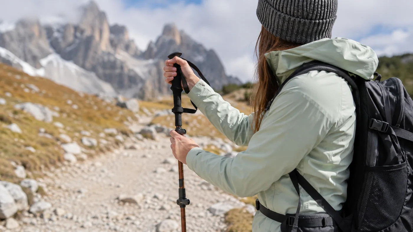 Detail eines verstellbaren Trekkingstocks