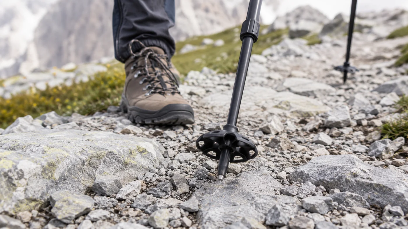 Detail eines leichten Carbon-Trekkingstocks