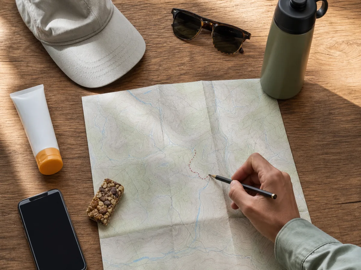 Karte, Wasserflasche und Kappe bei der Planung einer Sommerwanderung