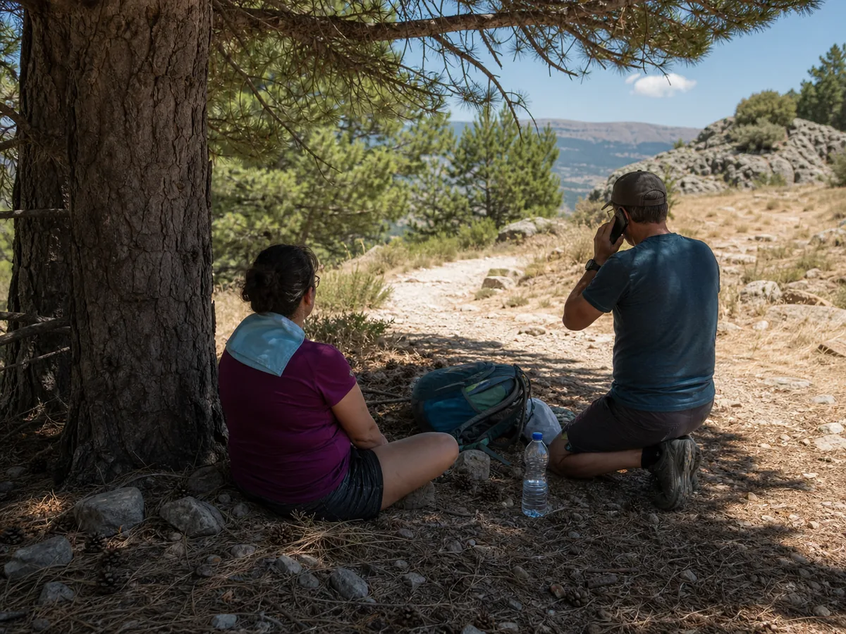 Eine erschöpfte Person wird während einer Wanderung im Schatten versorgt